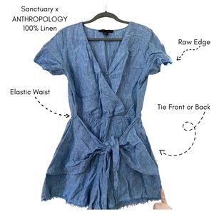 Anthropologie Blue Montana Tie Front Romper Linen… - image 1